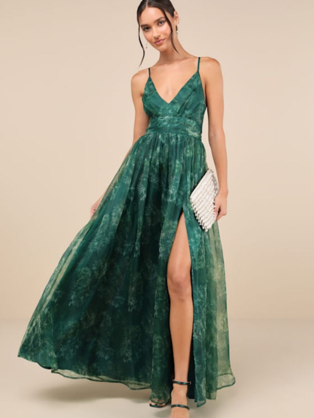 Lulus Romance That Wows Green Floral Crinoline Flowy Formal Dress Large NWT